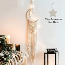 Boho Macrame Woven Wall Hanging, Crochet Crescent Moon Star Dream Catcher with Long Tassel- White Cotton Cord Handmade Bohemian Home Decor Ornament Decoration Art Craft Gift for Kids Bedroom Dorm Room