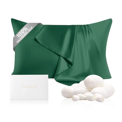 "THXSILK 100% Mulberry Silk Pillowcase for Hair and Skin Heath 22 Momme, Best Gift Choice, Grade 6A+ Silk Both Sides, Hypoallergenic Pillow Cover with Zipper, 1pc(King 20""x36"", Emerald Green)"