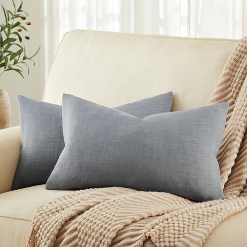 ZeeMart Rustic Linen Lumbar Pillow Covers Set of 2, Blue Ashes 12x20in - Textured Pillow Case, Rustic Cotton Linen Fabric, Modern Farmhouse Cushion Covers for Sofa Bed Living Room Home Decor