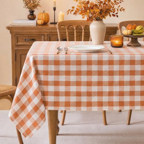"Laolitou Orange Buffalo Plaid Tablecloth Checkered Gingham Table Cloth Rectangle Tables Cotton Linen Rustic Farmhouse Tablecloths Washable Wrinkle Free for Party Picnic Kitchen, 60""x90"" 6-8 Seats"