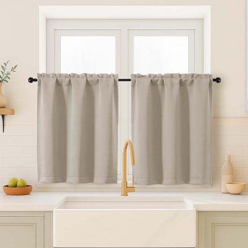 OVZME Blackout Curtains for Small Window Treatment, Light Blocking Short Kitchen Window Curtains Over Sink, Dual Rod Pocket Half Window Tiers for Bathroom Basement, 2x40Wx36L, Biscotti Beige