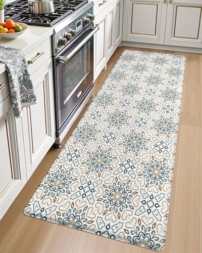 LUMI Kitchen Mats for Floor Cushioned Anti Fatigue Runner Rug, 24x59 - Beige and Blue Memory Foam Padded, Easy Care, Waterproof, Standing Comfort for Front Sink Laundry Office