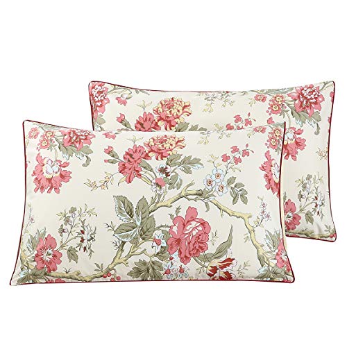 WINLIFE 100% Cotton Pillowcases Floral Printed Pillow Cases Set of 2 Red Flowers and Green Branches Leaf Pattern Pillow Cover King 20x36''
