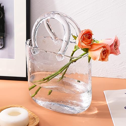 "Fixwal Glass Handbag Shape Vase, Clear with Bubbles, 7.7""x7.3"", Perfect for Centerpieces, Wedding Table Decorations"