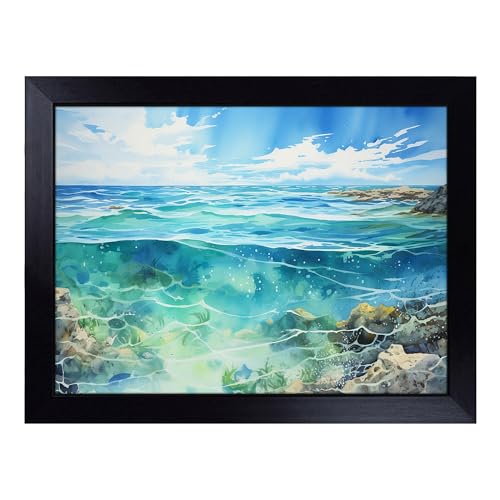 Lap Tray with Bean Bag Cushion, Ocean Watercolour - Handmade in the UK, Raised Wooden Edge, Padded Cushion, Heat-Resistant Wipe-Clean Surface, for Meals, Laptops and Crafts