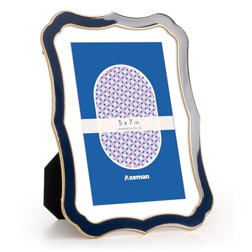 Axeman 5x7 Enamel Picture Frame with Mat for 4x6 Photo-Tempered Glass-5 x 7 Modern Ornate Photo Frame with Gold Metal Edge Velvet Back for Tabletop and Wall Mount Display, Navy Blue
