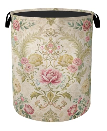 Shabby Chic Rose Laundry Basket with Handles - Extra Large Foldable Hamper for Bathroom/Laundry/Bedroom/Dorm, Washable Fabric Storage Bin