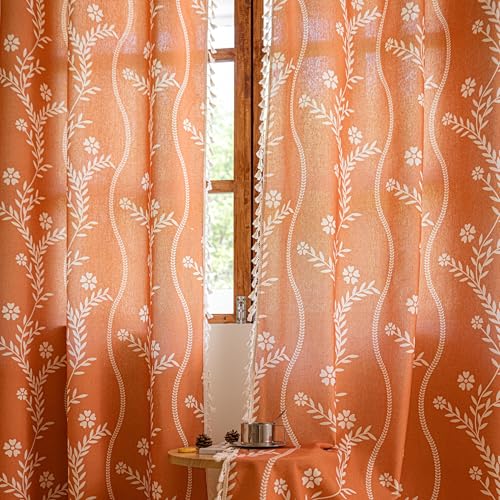 "Sutuo Home Terracotta Boho Linen Curtains for Bedroom Laundry Set of 2,Semi Blackout Halloween Strips Burnt Orange Bohemian Floral Farmhouse Vintage Chic Style Tassels Window Treatment 52"" W x 72"" L"