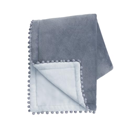 MONDAY MOOSE Cozy Fleece Throw Blanket with Pom Pom Fringe, Super Soft Lightweight Blanket, Double-Sided Designs, for Couch Bed Sofa Home Decor (50x60 inch, Slate Gray/Pastel Blue)