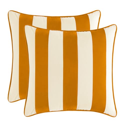 MONDAY MOOSE Decorative Throw Pillow Covers Cushion Cases, Set of 2 Soft Velvet Striped Piping Edge Designs, Pillow Inserts Not Included (18x18 inch, Honey/Cream)