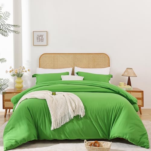 Duvet Cover Queen Size, 3 Piece Luxury Soft Bedding Set, No Comforter - Soft and Breathable Washed Brushed Microfiber, Zipper Closure, OEKO-TEX, Green