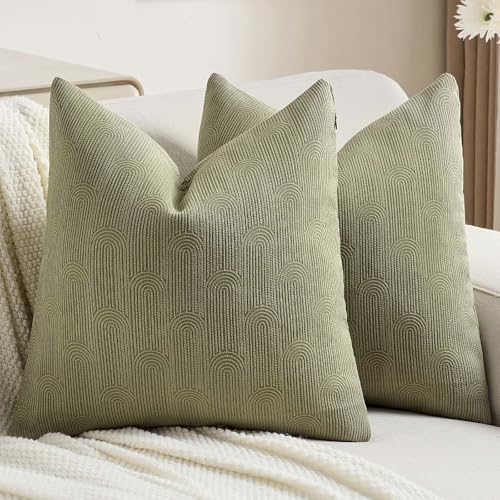 FUTEI Olive Green Chenille Decorative Throw Pillow Covers 24x24 Inch Set of 2,Soft Cozy Striped Geometric Patterns European Cushion Case,Modern Home Decor for Couch Bed Living Room