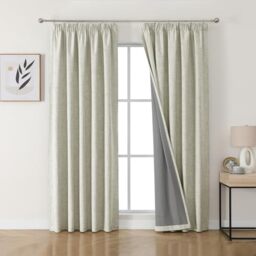 Joydeco 100% Blackout Curtains, Linen Curtains with Ruffle Tape, Set of 2, H 245 x W 140 cm, Light Beige, Thermal Curtain, Cold Protection, Opaque, Sound Protection, Ideal for Living Room, Matches