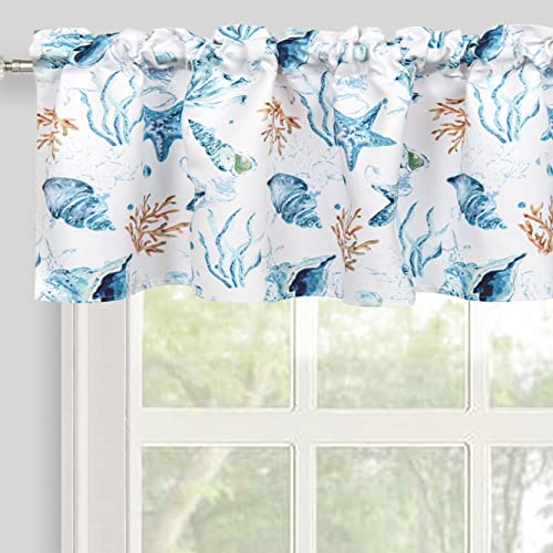 Inselnwald Coastal Blue Valance for Windows, Sea Ocean Creature Nautical Window Treatment Short Curtains for Kitchen Bathroom Cafe Rod Pocket, 52 x 14 Inches, Blue