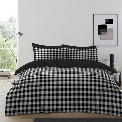 GC GAVENO CAVAILIA Gingham Check Duvet Cover King Size - Super Soft Microfiber Kingsize Duvet Cover Sets With Pillowcases - Tartan Check Bedding Set Reversible Plain Comforter Bed Cover - (230x220 Cm)