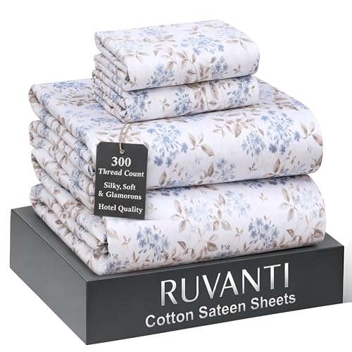 "Ruvanti 100% Cotton Sateen Sheets King Size, Countryside - King Sheet 300 Thread Count 4 Piece Set, 16"" Deep Pocket, Cooling Bed Sheets For Hot Sleepers, Breathable & Durable"