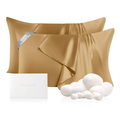 "THXSILK 2 Pack 100% Pure Mulberry Silk Pillowcase for Hair and Skin, 22 Momme Zipper Silk Pillow Case Standard Size, Real Silk Pillowcase with Zipper (Metallic Gold, Standard 20""x26"")"