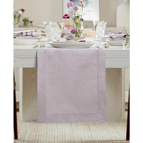 Solino Home Linen Lilac Table Runner 72 Inches Long - 100% Pure Linen Hemstitch Table Runner 14 x 72 Inch for Dresser, Dining, Spring, Summer - Classic Hemstitch