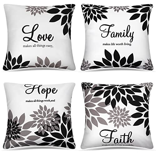 Tatuo 4 Pcs Flower Pillow Covers Square Summer Pillow Cushion Cases 18 x 18 Inch Family Faith Hope Love Words Decorative Spring Winter Cushion Case for Bed Couch Sofa Living Room(Black Series)