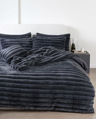 Chunky Faux Fur Duvet Cover Set - Double - Dark Charcoal