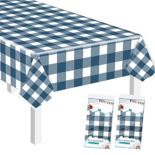 SietDESEO 2 Pack Blue and White Checkered Tablecloth 54 x 108 Blue Gingham Table Cloth Premium Disposable Plastic Picnic Table Cover for Party Birthday Wedding Rectangle Buffalo Plaid Tablecloth