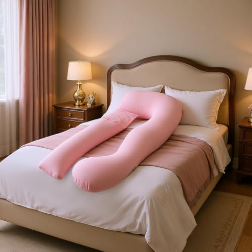 GC GAVENO CAVAILIA Pregnancy Pillow for Side Sleeping - U Shaped Cuddle Cushion Full Body Pillows with Cover - Long Maternity Pillow Support for Back, Hips, Legs for Pregnant Women - 140x68x18cm, Pink