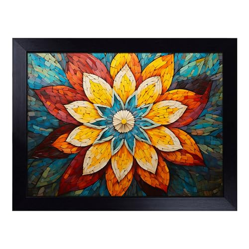 Lap Tray with Bean Bag Cushion, Mandala Flower Art Deco - Handmade in the UK, Raised Wooden Edge, Padded Cushion, Heat-Resistant Wipe-Clean Surface, for Meals, Laptops and Crafts