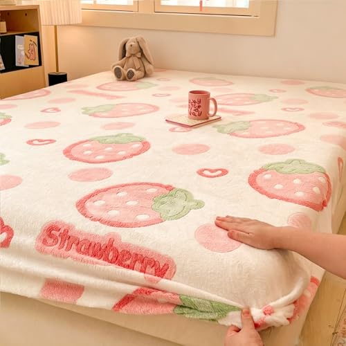 "MorroMorn Fleece Fitted Sheet Twin XL Only, Super Soft Plush Bottom Sheet with 20"" Deep Pocket, Kawaii Cute for Girls Kids Teen Dorm Back to School, No Pillowcases (Pink Strawberry, Twin XL Size)"