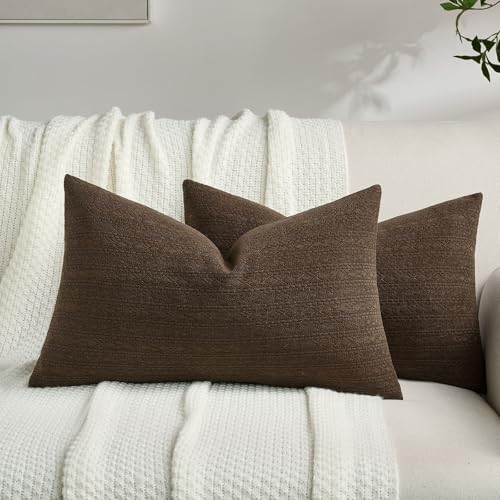FUTEI Dark Coffee Chenille Throw Pillow Covers 12x20 Inch Set of 2,Luxuriously Soft Argyle Textured Lumbar Pillow Cases,Modern Home Decor for Couch Living Room