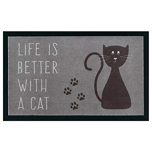 Hanse Home Doormat Dirt Trapper Mat Door Mat Dirt Trapper Entrance Rug Indoor and Outdoor Lettering Non-Slip Various Designs 45 x 75 cm Life is Better with a Cat Grey