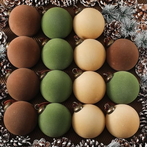 Liliful 15 Pcs Christmas Balls, Flocked Christmas Tree Ornaments Plastic Ornament Balls 3.15 Inch Xmas Decorative Hanging Ornaments Christmas Tree Decoration for Xmas Tree (Brown, Green, Beige)