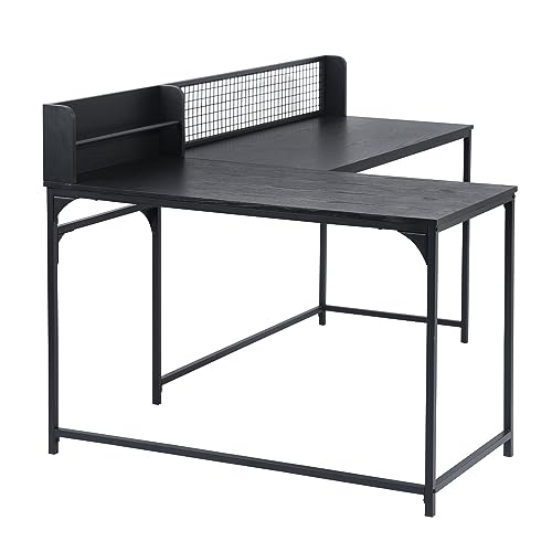FurnitureR L Shaped Corner Desk Industrial Computer Table Large Storage Surface with Metal Legs, Computer Workstation Study Gaming Desk for Home Office, Black R