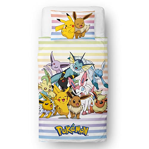 Pokemon Officially Licensed Single Kids Duvet Cover Set - Pikachu Group Design Reversible 2 Sided Bedding with Matching Pillowcase - Character World Brands Single Bed Set - Polycotton