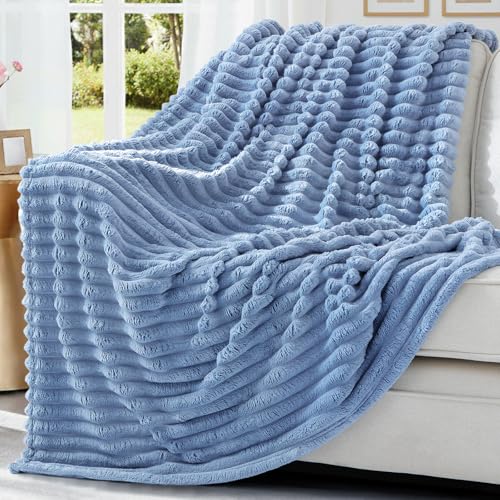 decorUhome Soft Fleece Blue Grey Twin Blanket for Bed, Cozy & Warm Fluffy Plush Flannel Striped Throws for Couch Sofa, Lightweight Decorative Ribbed Fuzzy Blanket for Woman Girls, 60x80 Inches