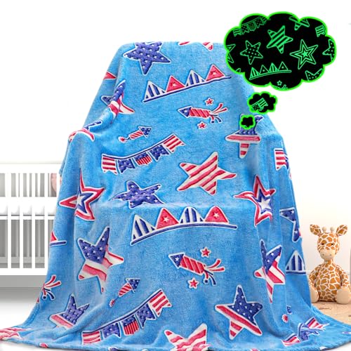 Gdindff Glow in The Dark American Flag Blanket for Kids, Patriotic Throw Blanket, 4th of July Decorations, Stars and Stripes Memorial Day Independence Day Decor, Red White Blue Flannel, 40x50