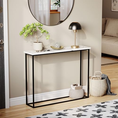Vida Designs Narrow Console Table 100cm - Slim Hallway Table for Small Spaces - Industrial Metal Frame & Wood Effect Top - Modern Entryway/Sofa Table - Easy Assembly - White Marble & Black