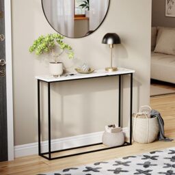 Vida Designs Narrow Console Table 100cm - Slim Hallway Table for Small Spaces - Industrial Metal Frame & Wood Effect Top - Modern Entryway/Sofa Table - Easy Assembly - White Marble & Black