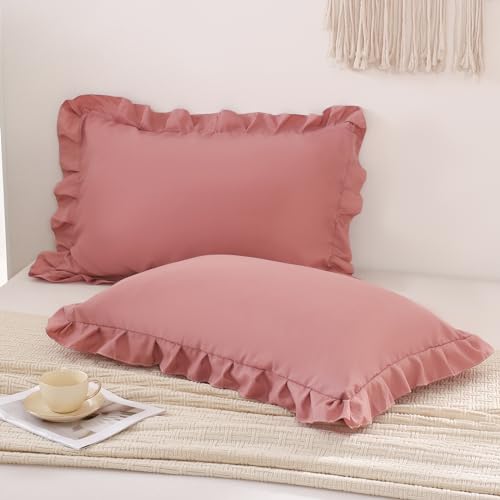 Pink Mocha Pillow Shams Cute Ruffle Standard Pillowcases Solid Pillow Cover Set of 2 Shabby Chic Soft Pink Pillowcases 2 Pack (Queen (20''x30''), Pink Mochae)