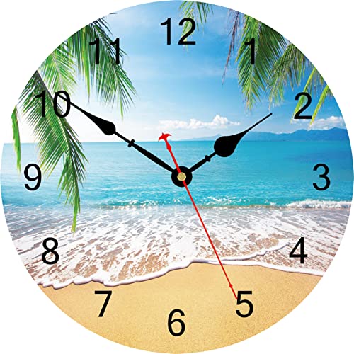 TAHEAT Small Wall Clock, 8 Inch Palm Tree Beach Clock, Unusual Wooden Tropical Wall Clock Decor for Bathroom Kitchen Bedroom Living Room