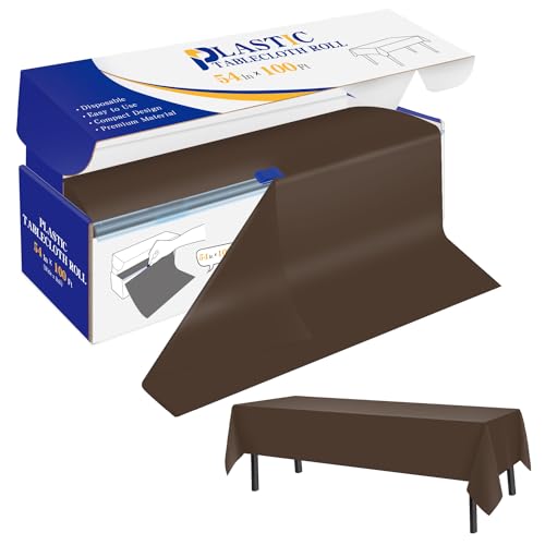 YSYJ Plastic Table Cover Roll Brown Disposable Table Cloth 54 in x 100 Ft, Plastic Table Cloths with Slide Cutter, Table Cover for Parties