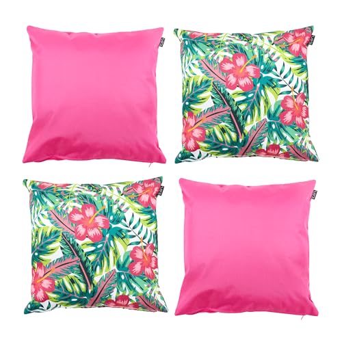 Bean Bag Bazaar Outdoor Cushions Filled, Wild Collection, Pink and Bloom Print, Set of 4, 43cm x 43cm, Water Resistant, Pink Outdoor Cushions for Garden Furniture, Garden, Patio