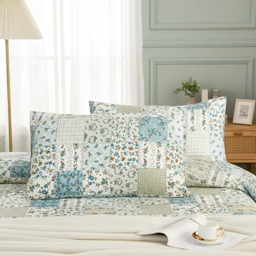"Cozaline Queen Size Pillowcases Set of 2, 100% Cotton Pillow Cases, Green Floral Patchwork Pillow Cover, Comfort Breathable Envelope Closure Pillow Case Set (Queen, 20""x30"")"
