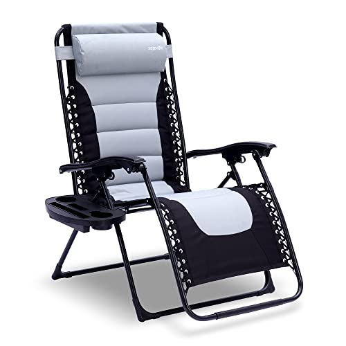Foldable Outdoor Zero Gravity Padded Lawn Chair, Adjustable Steel Mesh Recliners, w/Removable Pillows and Cup Holder Side Tables, Set of 2, Gray and Black