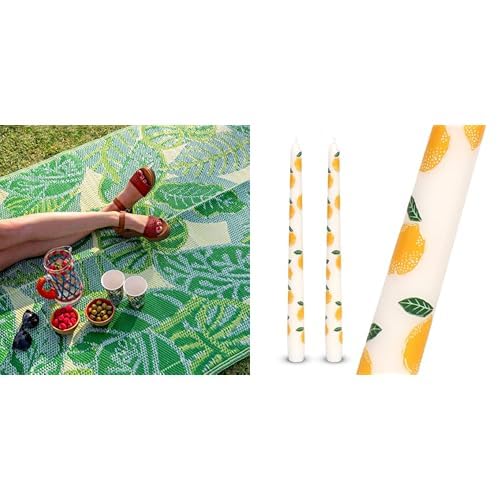Talking Tables Tropical Palm Leaf Outdoor Rug & Lemon Tapered Dinner Candles Summer Bundle
