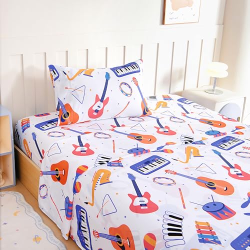 Homilay Twin Sheet Set Kids - Guitar Sachs Triangle Keyboard Flute Drum 3 Pieces Soft Microfiber Cartoon Style Bedsheets for Boys Girls Teens, Oeko TEX, Breathable Deep Pocket Sheets(Band)
