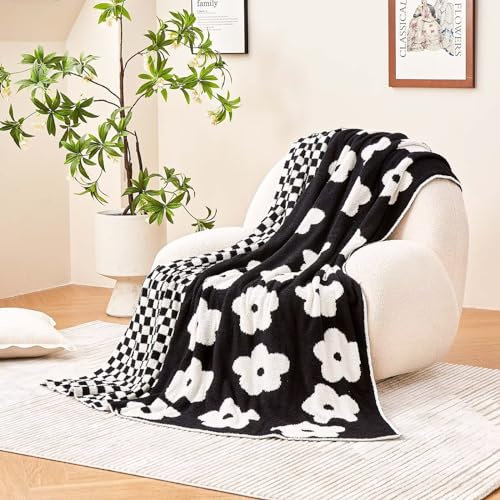 XIBLC Checkered Throw Blanket, Black Super Soft Knit Breathable Throw Blanket, Cozy Fluffy Reversible Checkerboard Flower Fuzzy Blanket for Couch Sofa Bed Living Room Decor 60 x 80 Inch