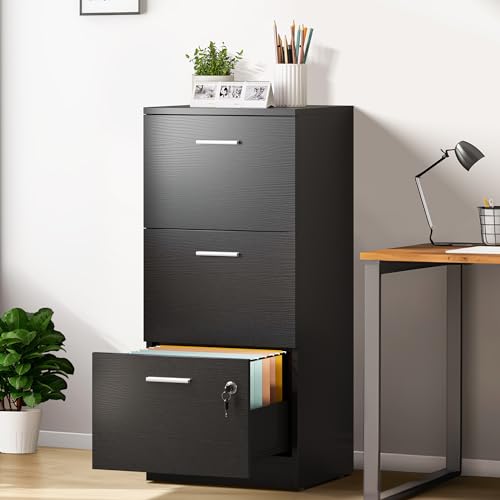 YITAHOME 3-Drawer Lockable Filing Cabinet for Home Office – Vertical A4 Letter File Storage Cabinet with Key, Black