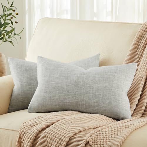 ZeeMart Rustic Linen Lumbar Pillow Covers Set of 2, Light Grey 12x20in - Textured Pillow Case, Rustic Cotton Linen Fabric, Modern Farmhouse Cushion Covers for Sofa Bed Living Room Home Decor