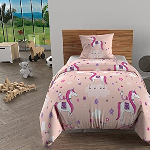 Soleil d'ocre, Duvet Cover Set, 140 x 200 cm, Pink Unicorns, 100% Cotton, 57 Threads/cm²