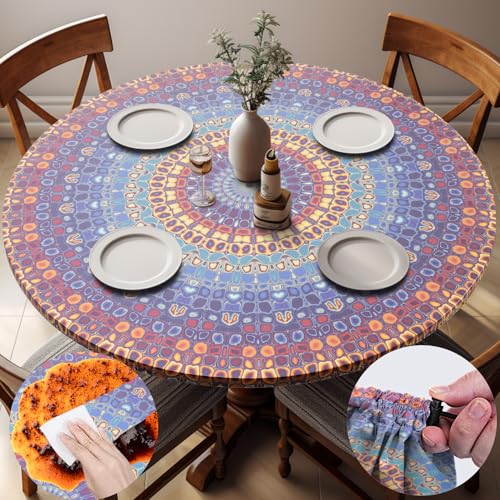 "opstellen Fitted Round Tablecloth Small Bohemian Vinyl Patio Table Cloths for 45-54"" Tables Travel Vacation Camper Accessories Living Room New HomeHouse Decorations Outdoor Road Trip Must Haves"